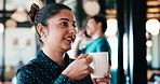 Blow, drink and thinking with woman in coffee shop for business contemplation or decision. Beverage, cup and planning with remote work employee in cafe or restaurant for reflection or vision