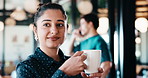 Drink, smile and thinking with woman in coffee shop for business contemplation or decision. Beverage, cup and planning with happy remote employee in cafe or restaurant for reflection or vision