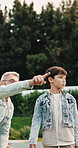 Backyard, father and child with walk for bird watching, outdoor bonding and observation for teaching. Pointing, learning or man with boy for knowledge growth, discovery or identify wildlife in garden