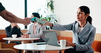 Woman, phone and pos machine with remote work at cafe with laptop, order or paperless transaction. Person, computer and freelance job with thanks, easy payment or fintech app for drink at coffee shop
