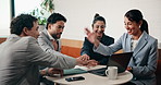 Business, laughing and people with hand stack in office for collaboration, solidarity or unity. Huddle, motivation and success with employee team clapping in corporate workplace for goals or target