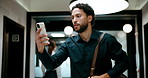 Running, phone and business man in office, check work schedule and meeting info for client appointment. Rush, calendar app and accountant with mobile for time management, late and agenda reminder