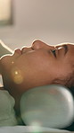 Girl, headphones and smile with music on bed for inspiration, streaming service and sound in home. Child, happy and listen with audio subscription, profile and comfort with song in morning at house