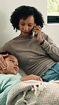 Mother, talk and sick child in bedroom with phone call, telehealth service and advice for flu symptoms. Concerned, mom and tired girl in home with virus, tech and contact for healthcare consultation.