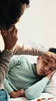 Mom, help and sick child in bedroom with phone call, telehealth service and advice for flu symptoms. Concerned, mother and tired girl in home with virus, tech and contact for healthcare consultation.