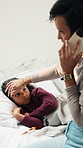 Mom, talk and sick child in bedroom with phone call, telehealth service and advice for flu symptoms. Concerned, mother and tired girl in home with virus, tech and contact for healthcare consultation.