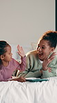 Children, girl and tablet on bed with high five, games and motivation with bonding, space and connection. Happy kids, sister and tech for play on application, next level or support in family house