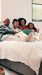 Parents, children and laugh on bed with tablet, smile and bonding with movies on streaming service. People, kids and happy with tech, app and film with subscription, relax or love in family house