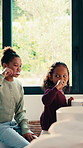 Laugh, children or girls brushing teeth in bathroom for oral hygiene, cleaning or morning routine. Grooming, happy sisters and kids with funny joke for dental care, getting ready and bonding in home