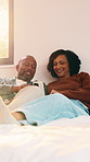 Phone, relax and couple on bed in home for social media, networking or texting on mobile app. Space, conversation and man with woman in bedroom for reading blog on cellphone together in house.