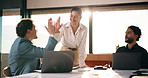 Happy, team and high five in office with laptop, success or achievement of insurance agency goals. Flare, people and celebration in business with computer, milestone or collaboration for policy sales