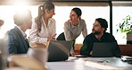 Team, meeting and people with laptop for strategy, planning or startup proposal in office flare. Agenda, collaboration or professional group with discussion, smile and online feedback for agency