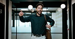 Dancing, happy and businessman in office with good news, job promotion or positive performance review. Professional, groove and male employee with celebration for leaving work early in workplace.