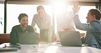Happy, team and high five in meeting with laptop, success and achievement for financial audit goal. Flare, people and celebration in business with computer, milestone or collaboration for accounting.