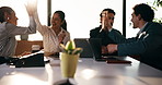 Team, applause and high five in meeting with laptop, success and achievement for financial audit. Business people, clapping or celebration in office with computer, collaboration and accounting goals.