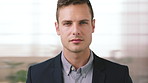 Face, business and man in company, about us and coverage advisor with career growth. Portrait, serious and confident person in office, corporate professional or insurance consultant with pride