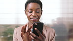 Businesswoman, scroll and smile in office with phone, email and check project for digital marketing. Happy, black person and typing with tech, mobile app and reading proposal for online advertising.