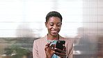 Business, phone and black woman with office, communication and scroll for human resources. Happiness, online and person with smile for career growth, development and employee update with space