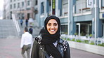 Happy, university and face of muslim woman in city for outdoor, education or studying with confidence. Smile, college and portrait of islamic female student with positive attitude for hijab in town.