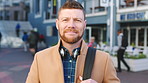 Commute, face or businessman outdoor with headphones, ambition or morning travel in work routine. Smile, portrait or mature person in city with tech, employee journey or confidence at start of day.