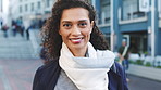 Face, woman and teacher with smile outdoor for travel, career pride and university education. Portrait, mature person or happy for campus commute, positive attitude and college educator for knowledge