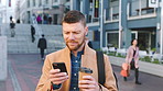 Business, city and man with phone and coffee for communication, online search or investment news. Professional, person and busy street with scroll, smile or reading outdoor of stock results or career