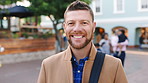 Happy, man and professor with face in city for travel, career pride and university education. Portrait, mature person or smile for campus commute, positive attitude and college lecturer for knowledge