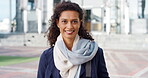 Face, business and woman with smile in city for career pride, about us and university professor. Portrait, mature person and happy with ambition, positive attitude and college lecturer for knowledge