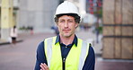Businessman, face or architect with confidence in city for construction, security or building safety. Portrait, man or contractor with arms crossed or hard hat for civil engineering or development