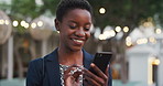 Smile, business and black woman with phone in city for travel, schedule update and social media. Bokeh female person and morning commute with mobile, browsing website and notification of text message