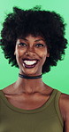 Face, happy and black woman with afro in studio for hairstyle or fashion on a green background. Portrait, female person or Nigerian designer with smile for makeup, beauty or aesthetic cosmetics