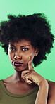 Face, thinking and black woman with smile in studio, problem solving and brainstorming for solution. Portrait, decision and unsure person with eureka moment for idea, reflection and green background