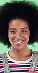 Face, confidence and woman in studio with laugh, career growth and funny joke for marketing agency. Happy, African person and about us with creativity, humor and advertising job on green background