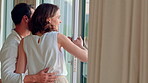 Tourism, photography and couple by window in hotel, summer vacation and anniversary trip for bonding. Support holiday and happy people with camera for travel memories, accommodation view and picture