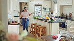 Dancing, woman and fun with headphones in kitchen, meal prep and move with energy in home and silly. Happy person, singing and rhythm with phone for music, cooking and celebration with tech in house