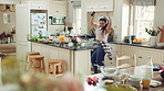 Woman, silly and dance with headphones in kitchen, meal prep and moving with energy in home and fun. Happy person, singing and rhythm with phone for music, cooking and celebration with tech in house
