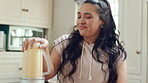 Blender, dance and happy woman in kitchen with healthy food, good mood and singing at home. Excited, music and person with energy, smoothie and breakfast drink for nutrition, diet or wellness