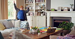 Man, dance and rhythm in lounge, education and celebration for finished project on laptop or success. Active, student and person with down syndrome on study break, achievement and movement in home