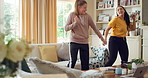 Dancing, music and mother with child in home with energy, rhythm or movement to playlist on weekend. Happy, groove and mom with girl kid for listening to album with choreography in living room.