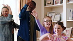 Dance, party and children with babysitter in house, bonding and celebration for complete assignment. Happy people, childcare and rhythm with kids on study break, success and finished homework in home