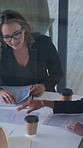 Boardroom, documents and business women start meeting for finance report, budget and portfolio. Team, office and workers with paperwork in discussion for financial strategy, proposal and planning