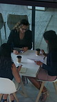 End, meeting and business women with paperwork, case discussion and review evidence for lawsuit. Above, leave and corporate lawyer with team in glass office, document and fraud dismissal planning