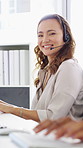 Computer, face and woman with headset in call center for system support, IT help desk and flare. Coworking, happy agent and typing for inbound query, technical assistance and customer service hotline