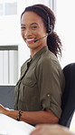 Telemarketing, face and woman with headset, call center and talk with colleague for lead generation. Agent, laugh and person with mic for sales, coworking and typing with computer and chat in office