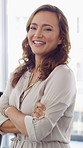 Crossed arms, happy and face of businesswoman in office with confidence for finance career. Laugh, professional and portrait of female financial manager with pride for company about us in workplace.
