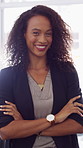 Business, woman and happy in office with arms crossed, public relations company or experience for job. Person, smile or pr worker in creative agency with confidence, brand management or career growth