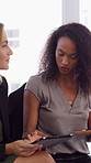 Tablet, notebook and business people in office with discussion, HR administration and check schedule. Women, conversation and tech in workplace with diary, teamwork or agenda for human resources job.
