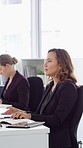 Woman, laptop and typing at office for report with coworking, notes and admin at investment company. Person, broker and computer with portfolio review, asset management or feedback at finance agency