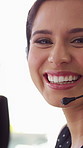 Telemarketing, face and woman with mic, call center and discussion with contact for lead generation. Agent, laugh and person with headset for sales, coworking and consultation with tech in office
