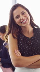 Laugh, face or realtor in agency with arms crossed, career growth or ambition in property management. Real estate, meeting or woman with smile, opportunity or confidence in commercial development.